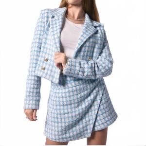 NEW JASON WU tweed cropped jacket shorts in sky blue
